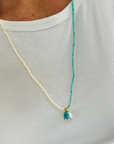 Beaded Loopstring Necklace with Enamel Fish Cluster- Blue Amazonite/ Pearls