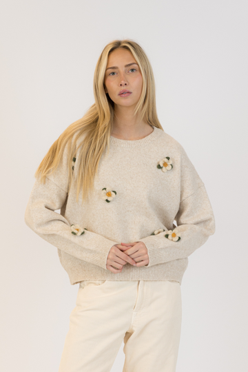 Lyla & Luxe, Holly Flower Crewneck Pullover - Oatmeal