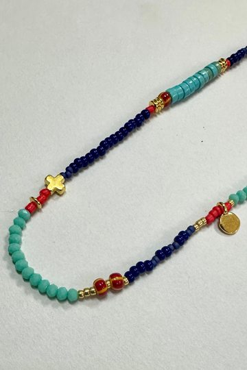 The Makery Collection, Beaded Necklace - Turquoise, Navy, Red and Gold