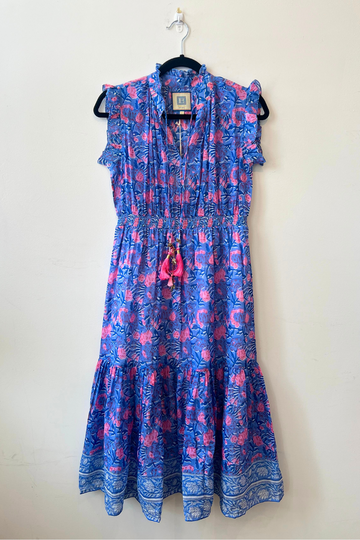 Bell, Daphne Midi Dress- Blue/Pink Print