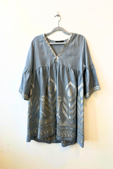 Greek Archaic Kori, Chevron Dress with Bell Sleeves- Light Grey/Champagne