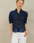 M.A.B.E, Frani Embroidered Short Sleeve Top- Indigo
