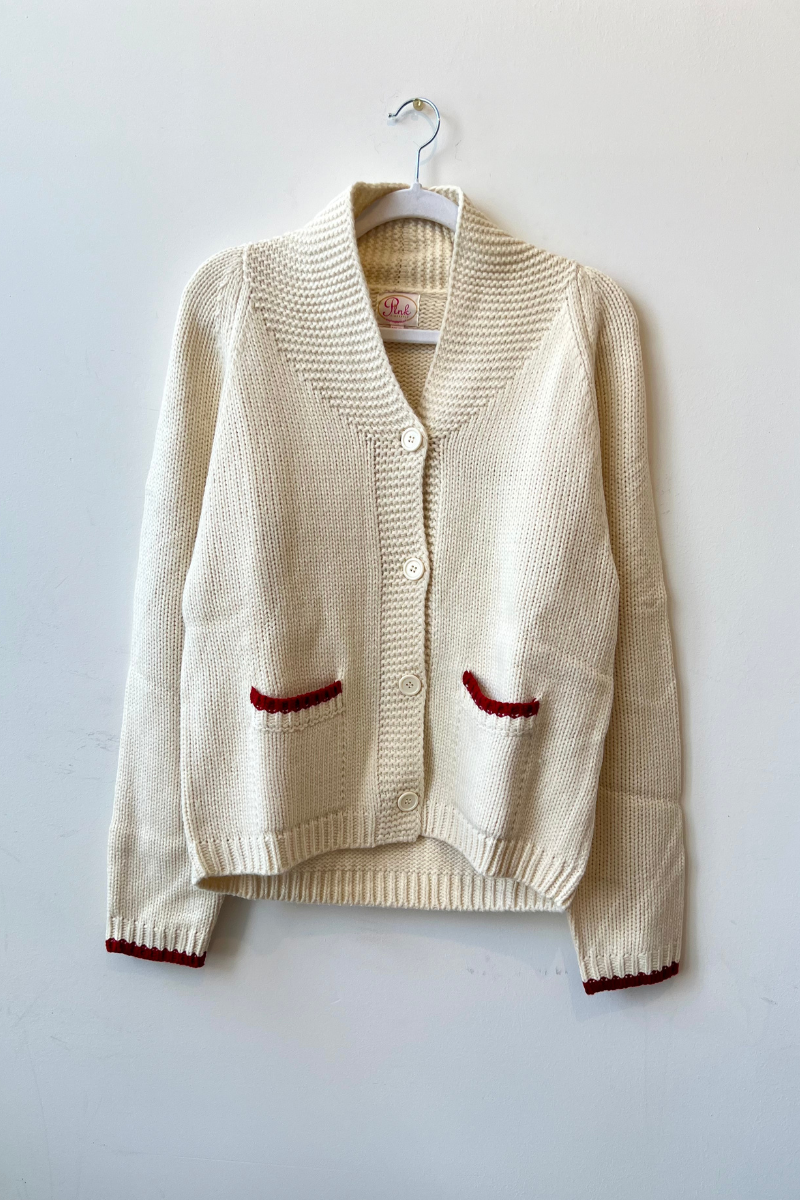 Varsity Cardigan-Lobster-Ivory/Red