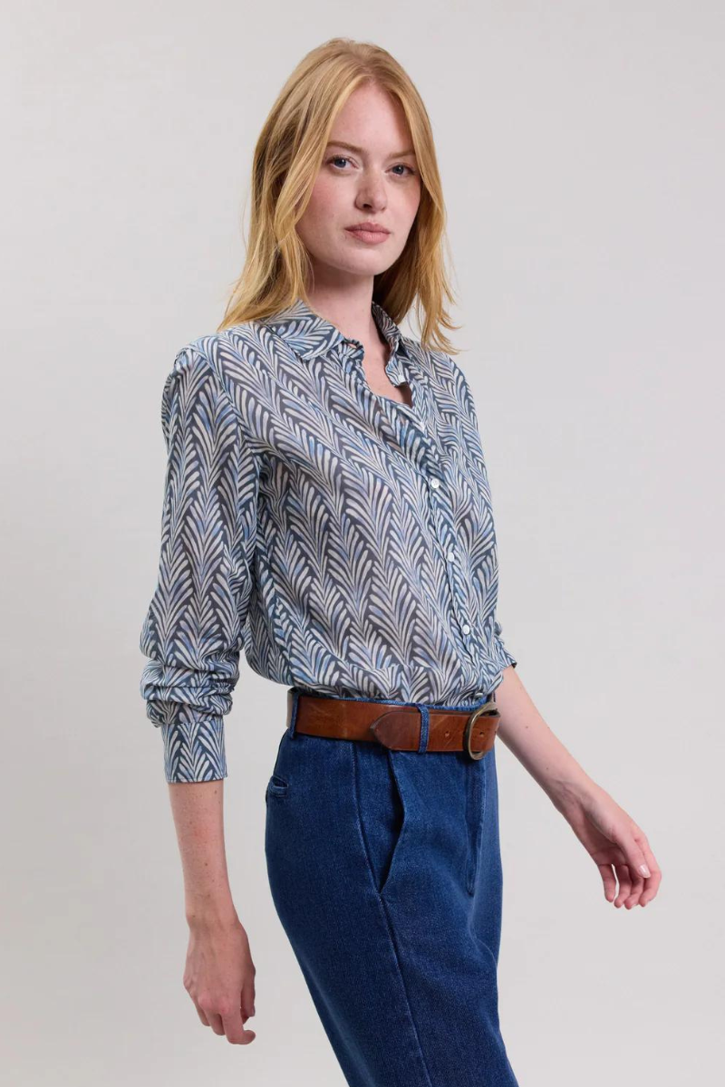 Hartford, Coraz Leaf Print Woven Shirt- Navy