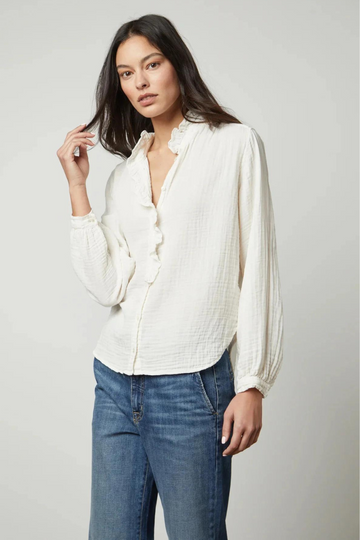 Velvet, Trish Flutter Collared Shirt-White