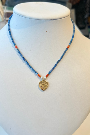 LC, Beaded Necklace with Evil Eye Pendant- Blue/Orange