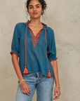 M.A.B.E, Talia Embroidered Short Sleeve Top- Blue/Orange