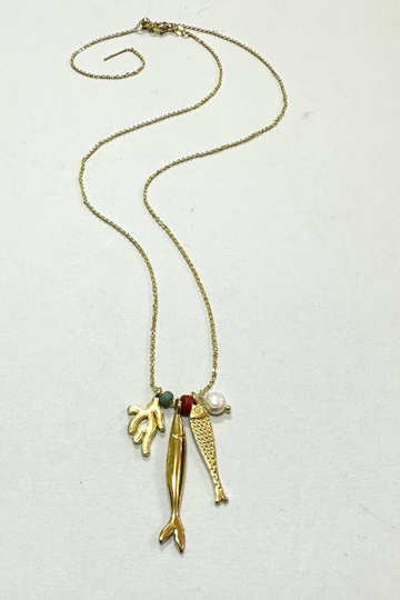The Makery, Gold Sardine, Coral and Pearl Adjustable Necklace