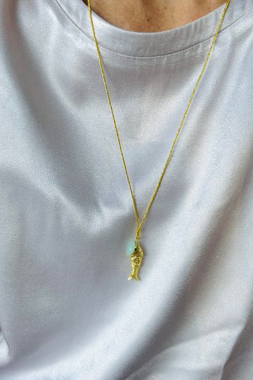 Articulated Fish & Aqua Chal on Gold Sari Cord