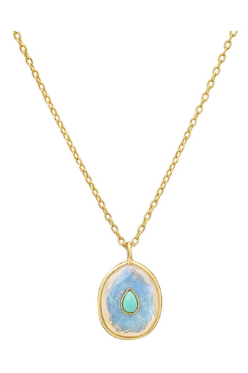 TAI, Gold Necklace with Oval Turquoise Tear Shaped Pendant