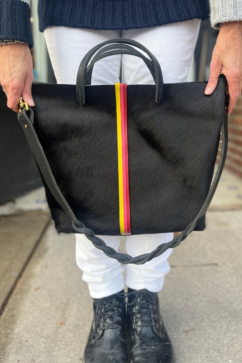 Lover Fighter, Cow Hair Leather Tote- Black with Rainbow Stripes