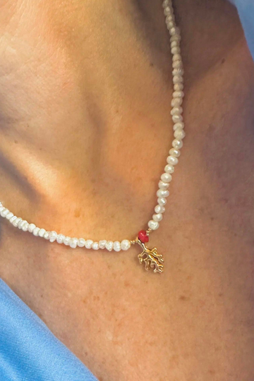The Makery, Pearl Necklace With Gold and Red Coral Charms