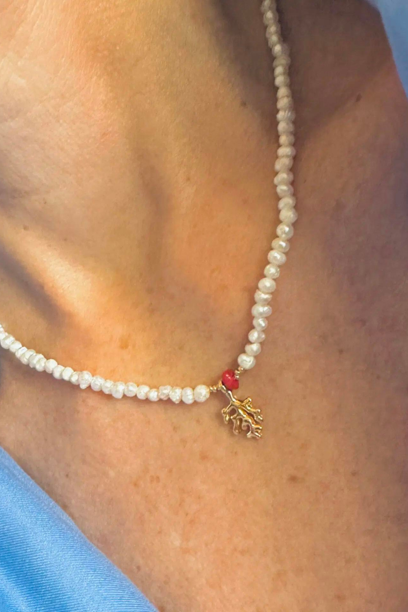 The Makery, Pearl Necklace With Gold and Red Coral Charms