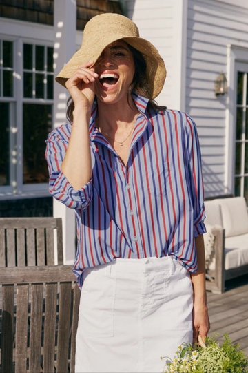 Frank & Eileen, Eileen Relaxed Button Up Shirt - Blue with Navy and Red Stripe