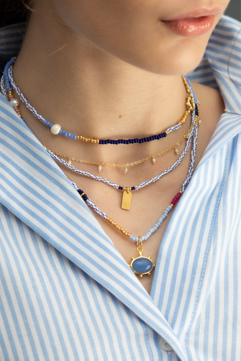Long Blue Beaded Necklace w/Blue Chalcedony Pendant