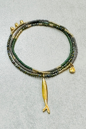 The Makery Collection, Loopstring Necklace - Teal Green, Grey and Gold with a Fish Charm