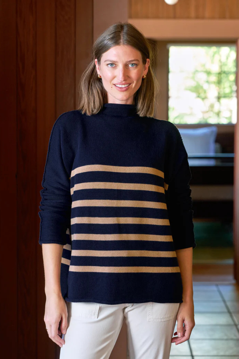 Frank & Eileen, Monterey Sweater- Navy/Camel Stripe