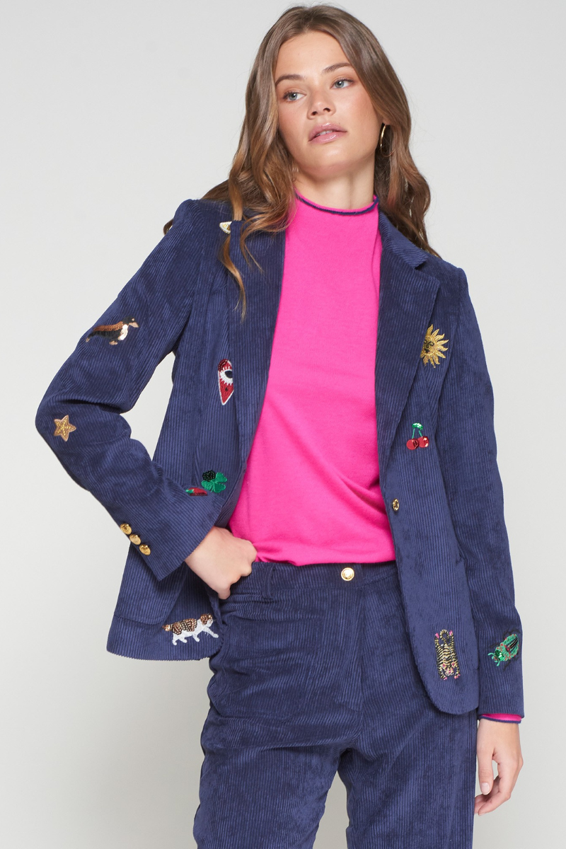 Vilagallo, Navy Cord Blazer w/ Embroidery