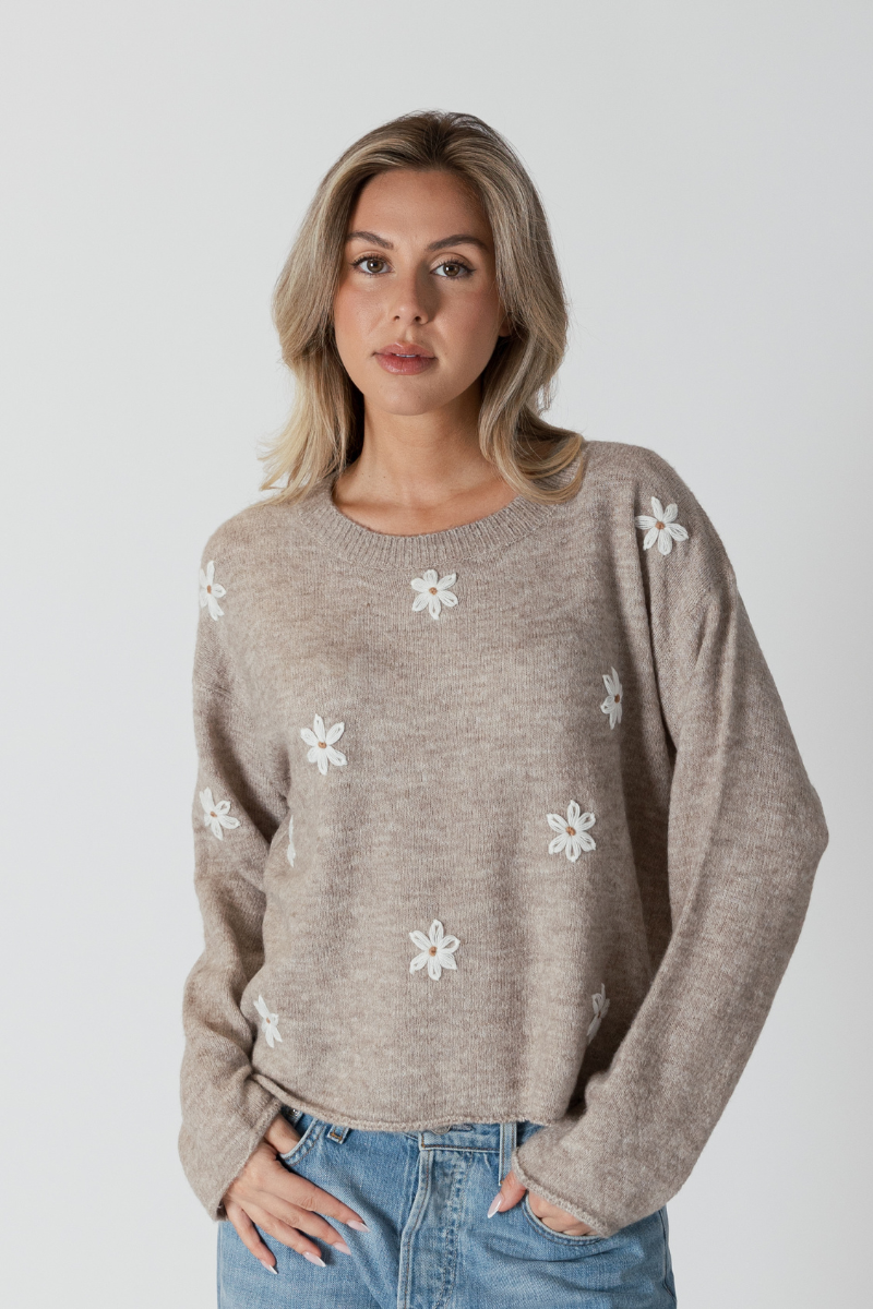 Lyla & Luxe, Aiden Daisy Crewneck Sweater with Embossed Flowers-Oat