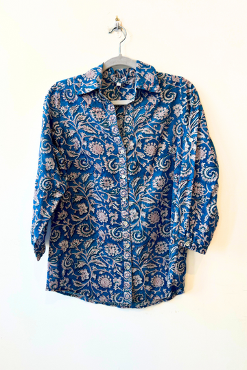 Palme, Block Print Button Down Shirt - Blue and Red Floral Pattern