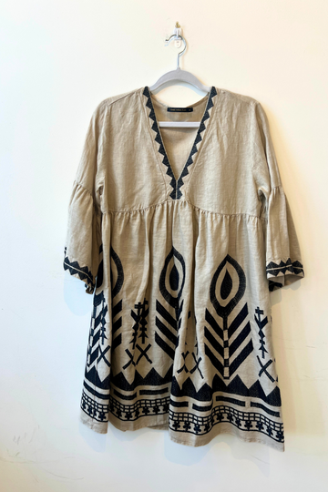 Greek Archaic Kori, Chevron Dress with Bell Sleeves - Beige/Black