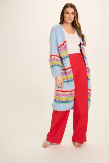 Les Tricots D'O, Ellis Mohair Long Cardigan-Pale Blue w/Stripes