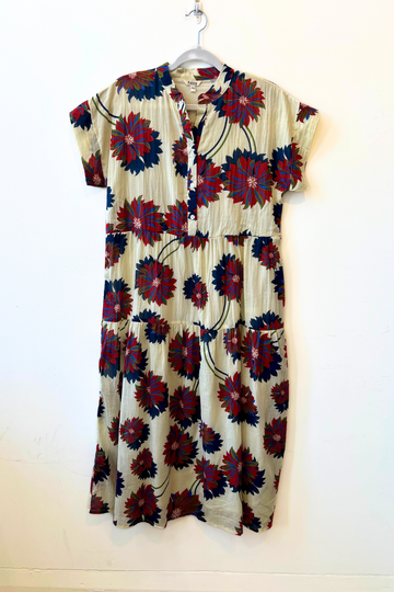 Palme, Lined Button Down Dress - Ecru with Vibrant Flowers