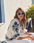 M.A.B.E, Greta Embroidered Jacket- Ecru/ Blue