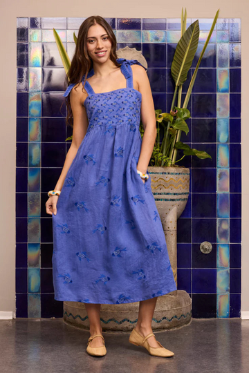 Nimo With Love, Agate Dress - Blue with Fish Embroidery