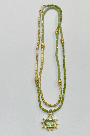 The Makery Collection, Long Beaded Necklace - Green and Gold with Sparkling Green Amethyst Pendant