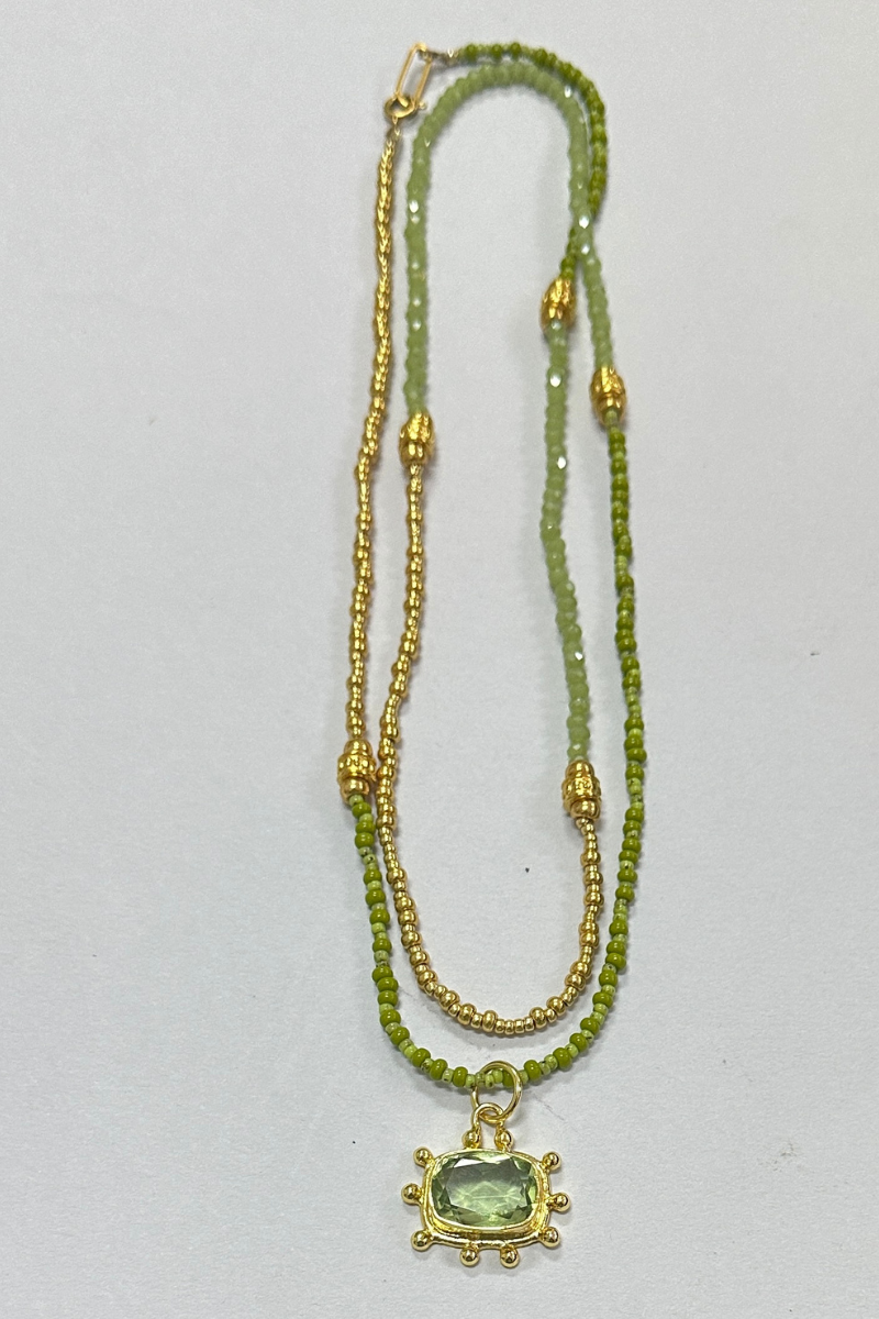 The Makery Collection, Long Beaded Necklace - Green and Gold with Sparkling Green Amethyst Pendant