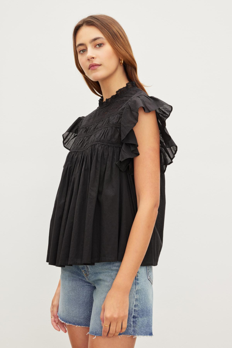 Velvet, Inessa Cotton Lace Sleeveless Top- Black