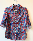 Palme, Block Print Button Down Shirt - Blue and Red Floral Pattern