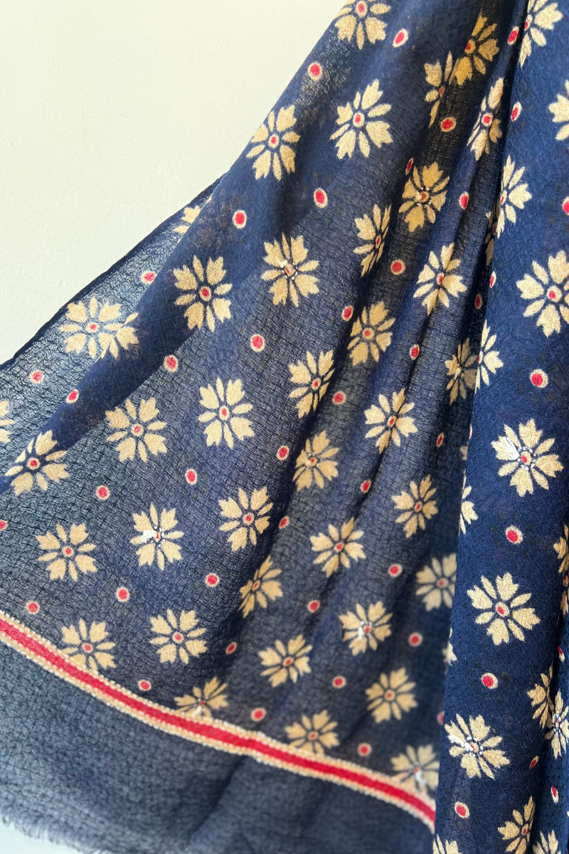 Wool Silk Diamond Embroidered scarf- Blue