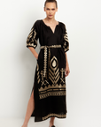 Greek Archaic Kori, Long Belted Feather Dress- Black/Gold