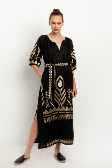 Greek Archaic Kori, Long Belted Feather Dress- Black/Gold