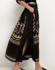 Greek Archaic Kori, Long Belted Feather Dress- Black/Gold