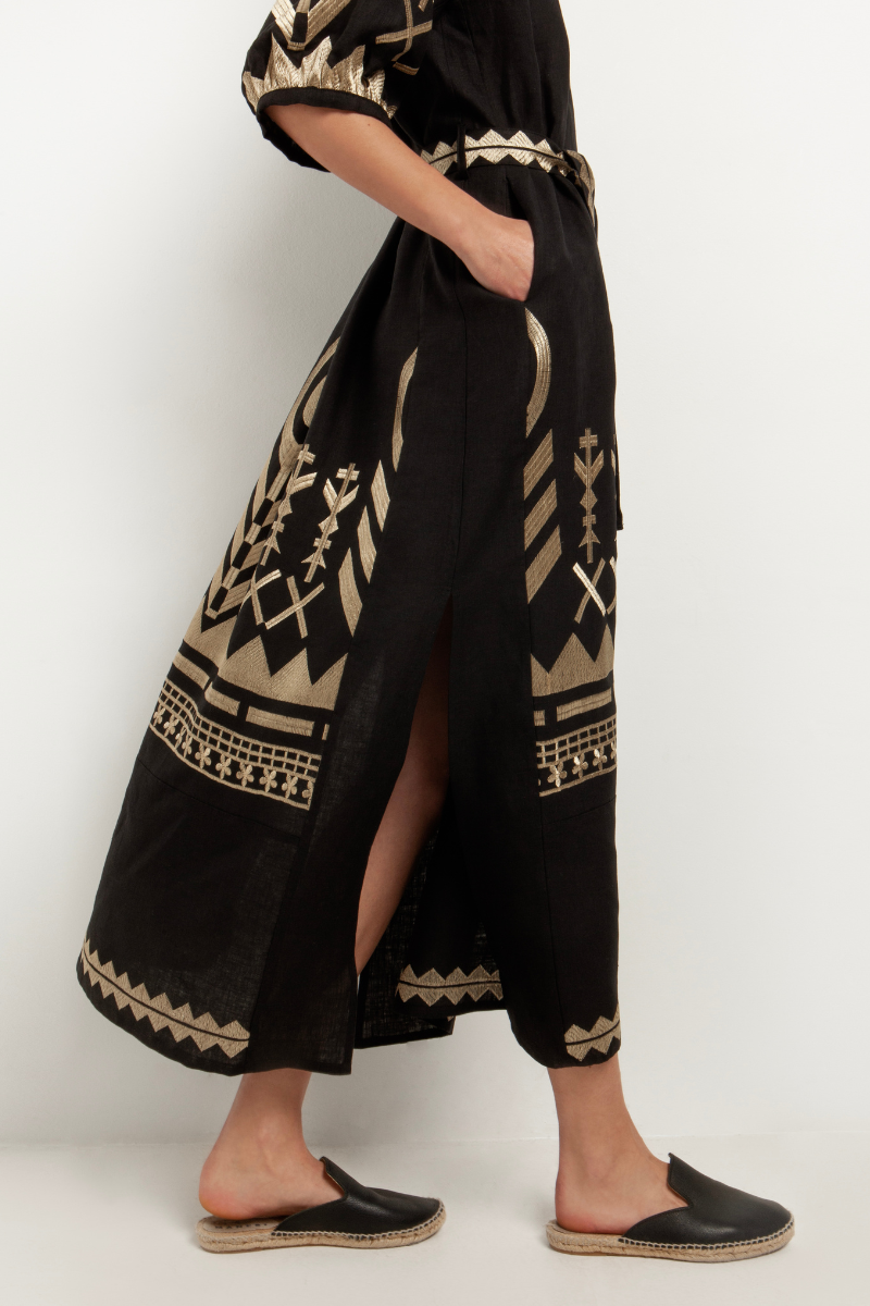 Greek Archaic Kori, Long Belted Feather Dress- Black/Gold