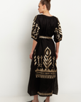 Greek Archaic Kori, Long Belted Feather Dress- Black/Gold