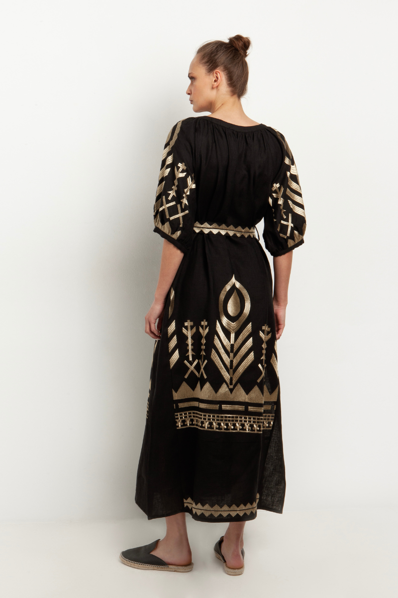 Greek Archaic Kori, Long Belted Feather Dress- Black/Gold