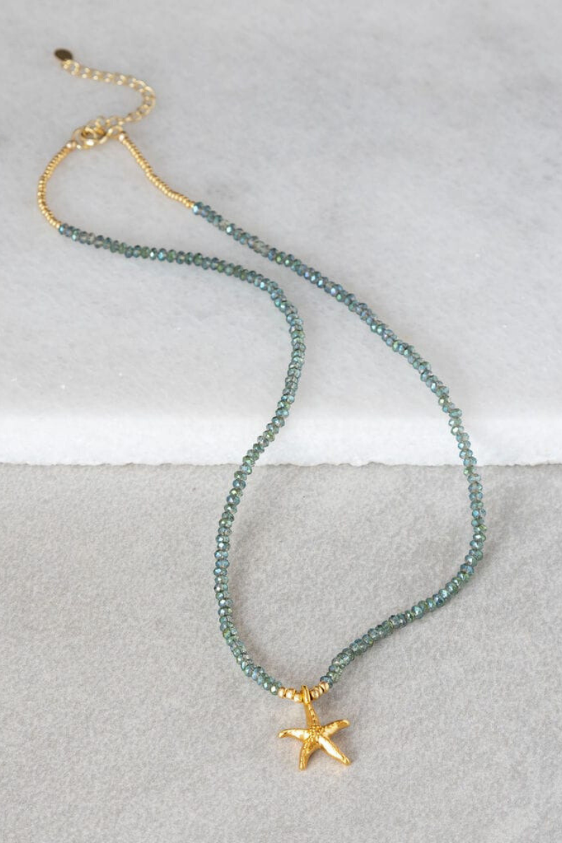 The Makery, Sparkling Blue Short Necklace w/Gold Starfish Pendant