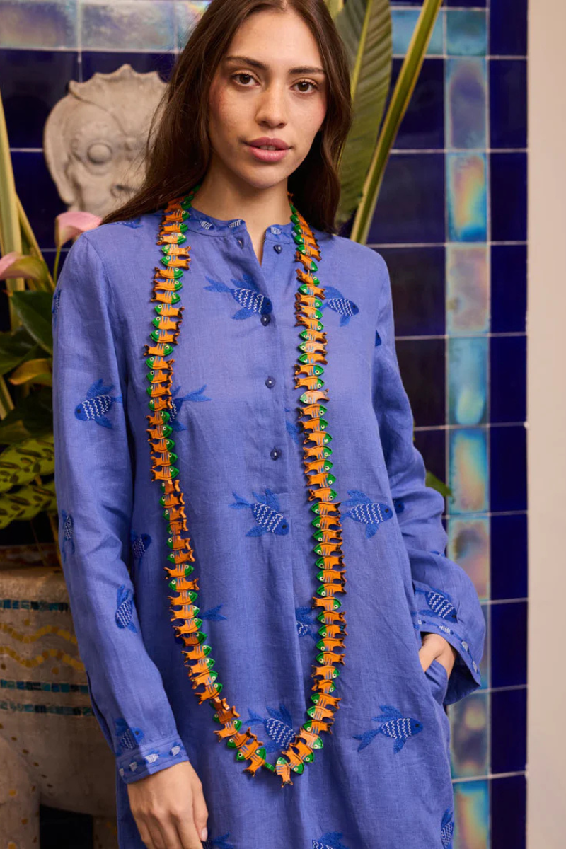 Nimo with Love, Cedar Kaftan - Blue with Fish Embroidery