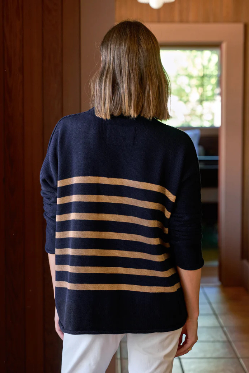 Frank & Eileen, Monterey Sweater- Navy/Camel Stripe