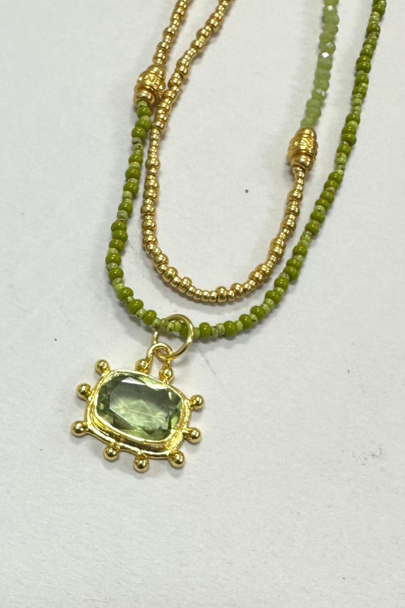 The Makery Collection, Long Beaded Necklace - Green and Gold with Sparkling Green Amethyst Pendant
