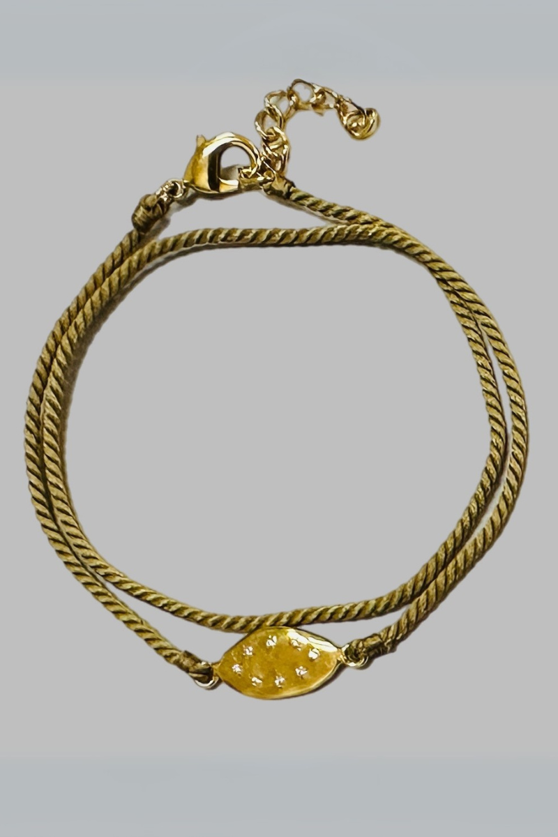 The Makery, Sparkling Gold Leaf Braclet On Tan Cord