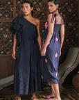 Nimo with Love, Agate Dress - Navy Jacquard with Flower Bunch Embroidery