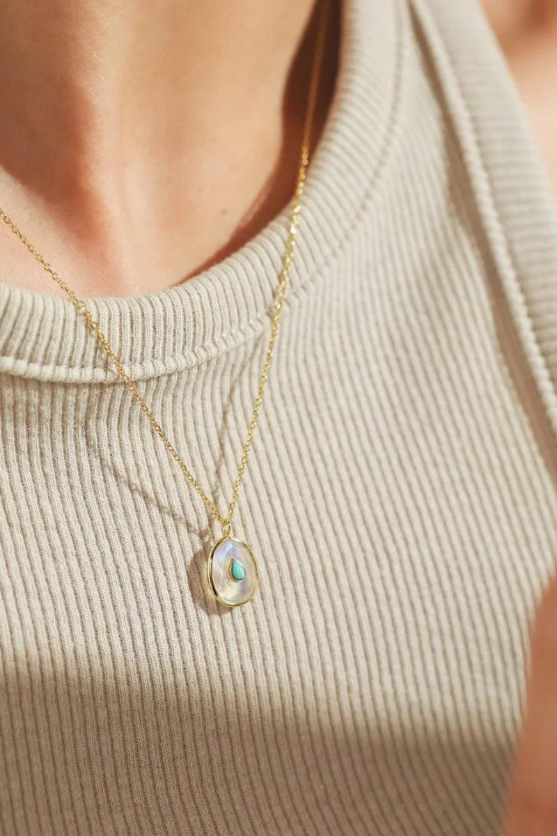 TAI, Gold Necklace with Oval Turquoise Tear Shaped Pendant