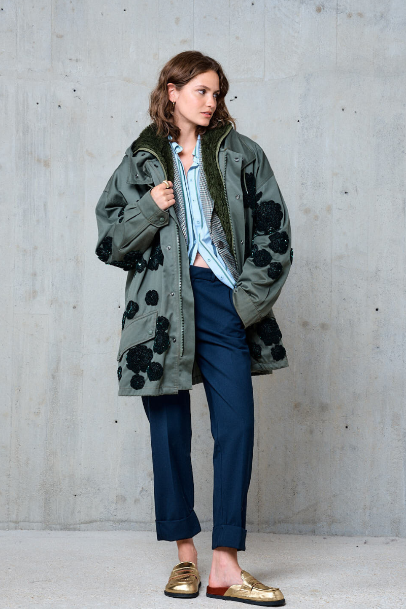 Stella Forest, Selena Embroidered Parka-Kaki