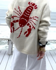 Varsity Cardigan-Lobster-Ivory/Red