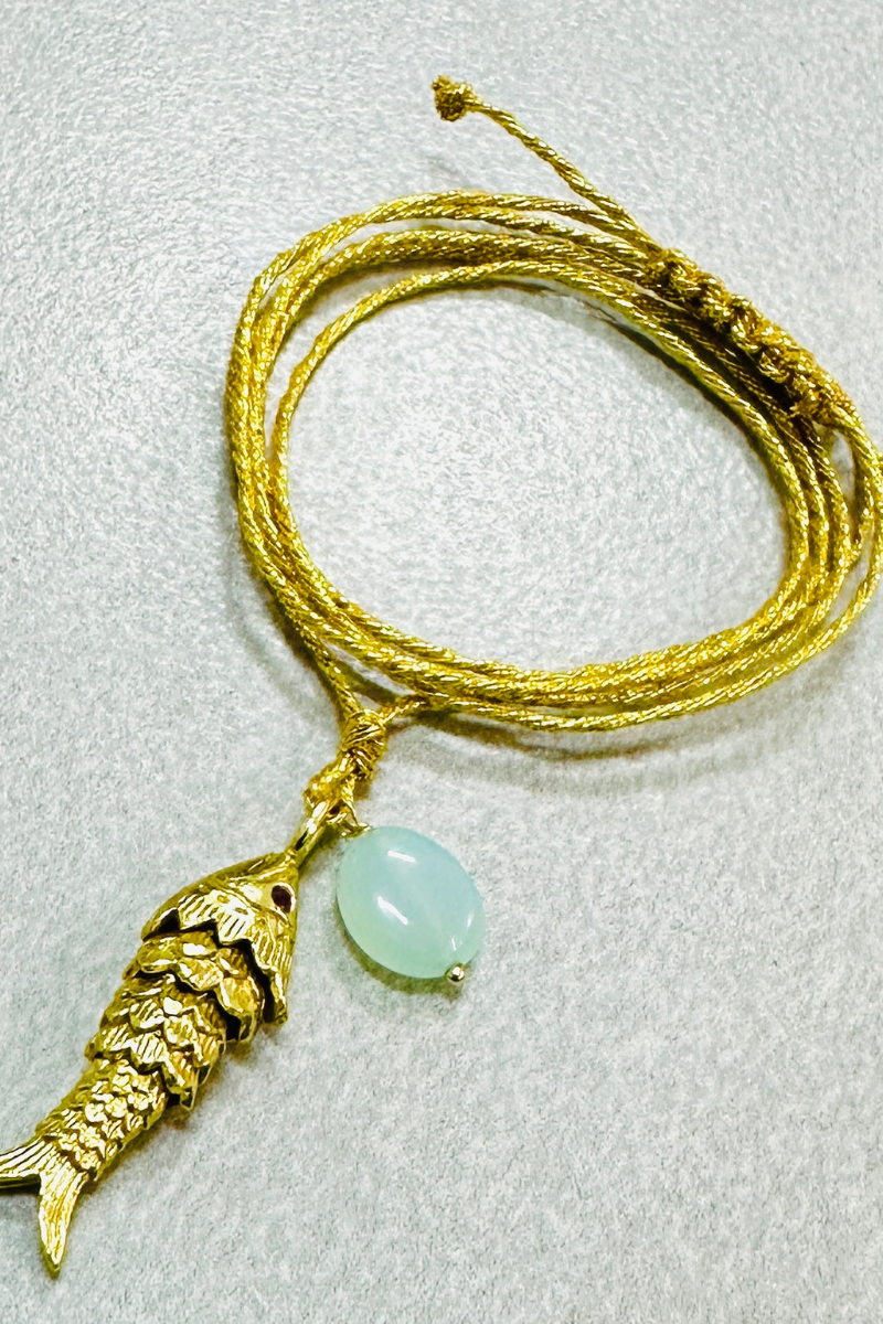 Articulated Fish & Aqua Chal on Gold Sari Cord